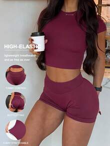 Women's Sports Two Pieces Summer Round Neck Short Sleeve T-Shirt Top And High Waisted Hip Shorts Suit For Yoga Gym Running Workout - Purple - View 3