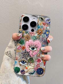 1pc Feather Yarn Diamond Eye Pattern Full Coverage TPU Shockproof Phone Case, Compatible With IPhone 16 15 14 13 12 11 Pro Max - Multicolor - View 3