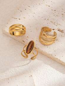 3Pcs/Set Vintage Tiger's Eye & CZ Gold Plated Stackable Rings, Chunky Stainless Steel Statement Jewelry For Women - Yellow Gold - View 3
