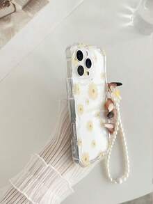 Cremige glänzende Handyhülle mit gewelltem Rand und Blumenmuster, stoßfest, mit Perlenarmband-Accessoire, kompatibel mit iPhone 17pro/17Air/17/17promax16/11/16pro/16plus/16promax/16e/15Promax/13/14/12/XS/XR/7G/8P - Verschiedenfarbig - Übersicht 6