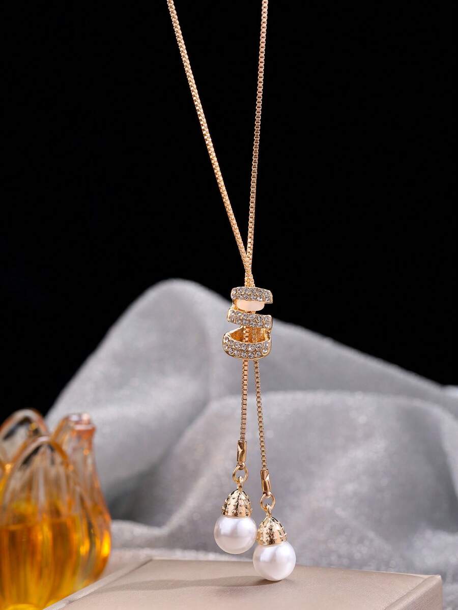 1 pieza Elegante y lujoso collar con colgante de cadena tipo serpiente con rhinestones y perlas, accesorio de moda europeo y americano - Dorado - Ver 1