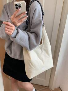 小眾設計休閒百搭極簡時尚PU紋理肩背斜挎手提包 母女款水桶包菜籃包 女士外出小托特包 高質感復古斜挎包 - 白色 - 查看 5