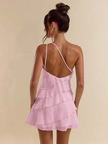 Solid Apricot Mini Dress With Lotus Leaf Overlay Suitable For Daily Dates, Nights Out, Nightclubs, Parties, Meetings, Cocktail Parties, Pool Parties, HAL2 - Pale Pink - View 1
