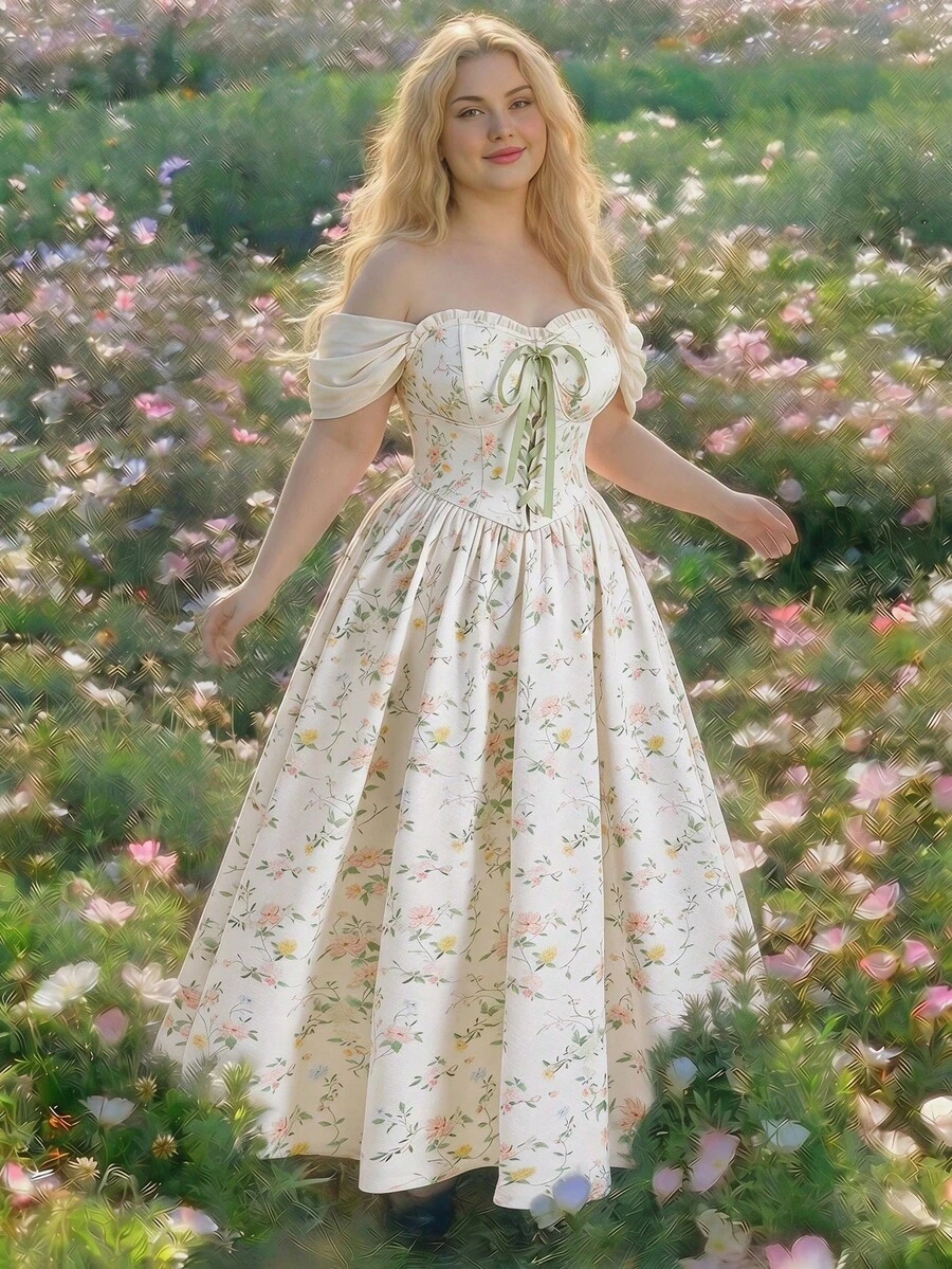 MOD Vestido maxi con hombros descubiertos y estampado floral con detalle de lazo y volantes para mujer talla grande, elegante vestido fluido rosa para invitada de boda, fiesta, vacaciones y citas diarias - Multicolor - Ver 1
