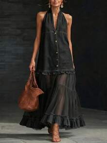 Women's Halter Neck Denim & Tulle Tiered Maxi Dress Dark Wash Button Front Ruffle Hem Mixed Media Dress Boho Halter V-Neck Denim Top With Sheer Tulle Skirt - 深藍色 - 查看 5