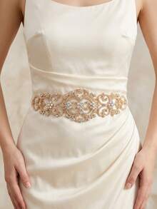 1pc Luxury Gold Rhinestone Bridal Waist Belt, AB Crystal Scroll Wedding Waist Belt With White Satin Ribbon, Formal Dress Waist Accessory For Evening Party And Ball - Gold - View 3