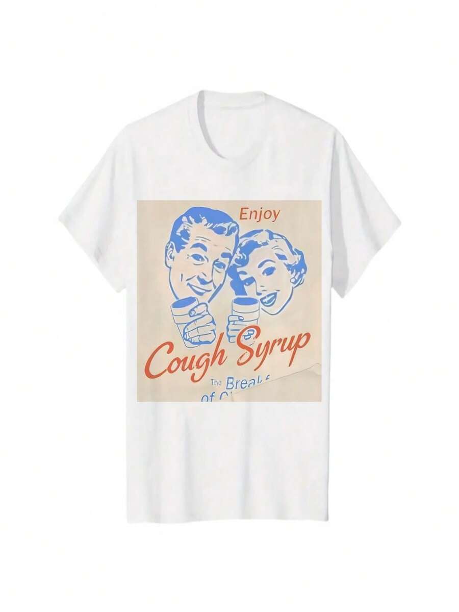 [Soft 100% Cotton] Men's Casual Cotton Graphic T-Shirt - "Enjoy Cough Syrup Breakfast Of Champions" Funny Print, Round Neck, Short Sleeve, Pure Cotton, Blue, Allseason Apparel | Humorous Print | Pure Cotton Tee - White - View 1