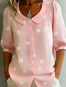 2026 New Elegant Casual Pink Daisy Print Puff Sleeve 3/4 Sleeve Blouse, French Peter Pan Collar Button Down Shirt, Lightweight Breathable Summer Wear, Versatile For Work, Commute, Daily Dates, Fashion Slimming Women's Clothing - Pink - View 11