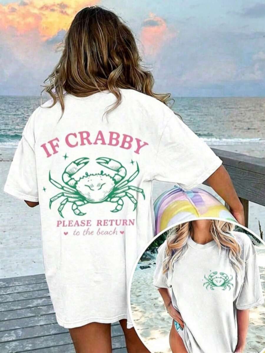 1pcsWomen's If Crabby Please Return To The Beach Salty Graphic T-Shirt 100% Cotton Double-Sided Print Oversized Casual Summer Tops | Summer Clothes | Vacation OutfitsSoft Whale Shark Isaiah 43:2 Bible Verse Ocean Print Casual Summer T-Shirt Summer Tops - 白色 4 - 查看 1