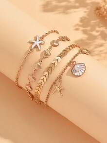 4pcs Summer Beach Vacation Style Multi-Layered Stacked Anklet Set, Design Shell & Starfish Decor Gold Anklets, Fashionable Women's Foot Jewelry, Suitable For Daily Wear, Vacation, Party And Date - Gold - View 3
