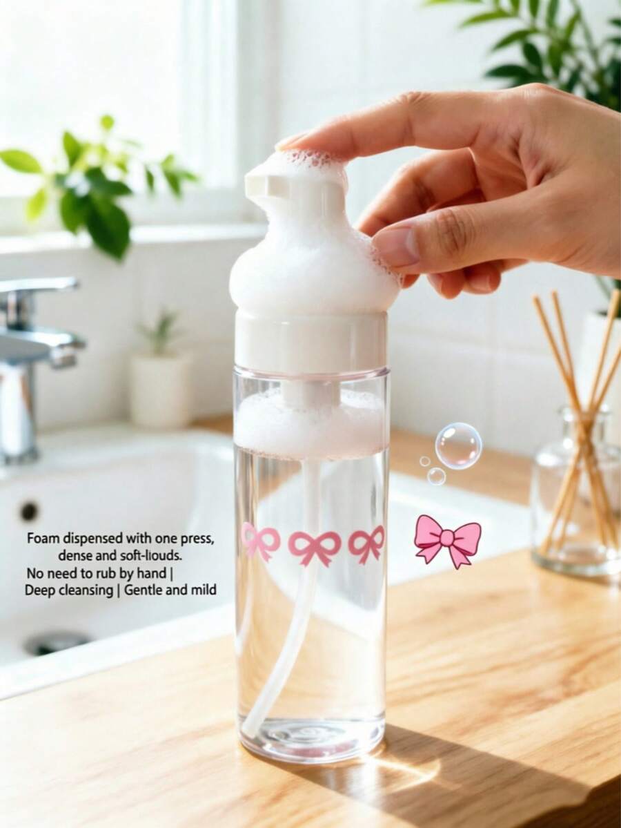 1pc Bow Knot Pattern Mousse Bottle, Random Pattern Position, 100ml/150ml/200ml/250ml Mousse Foaming Bottle, Facial Cleanser Foam Dispenser, Cosmetic Refillable Bottle - View 1