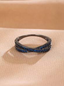 1件時尚亮黑色祖母綠交叉戒指，優雅女性禮物，奢華訂婚婚禮珠寶 - 黑色+寶藍色 - 查看 3