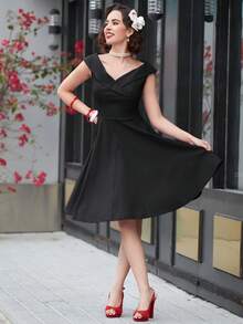 MUXXN 優雅女款無袖 A 字中長洋裝，喇叭下擺，適合正式場合與伴娘禮服，黑色夏季款 - 黑色 - 查看 7