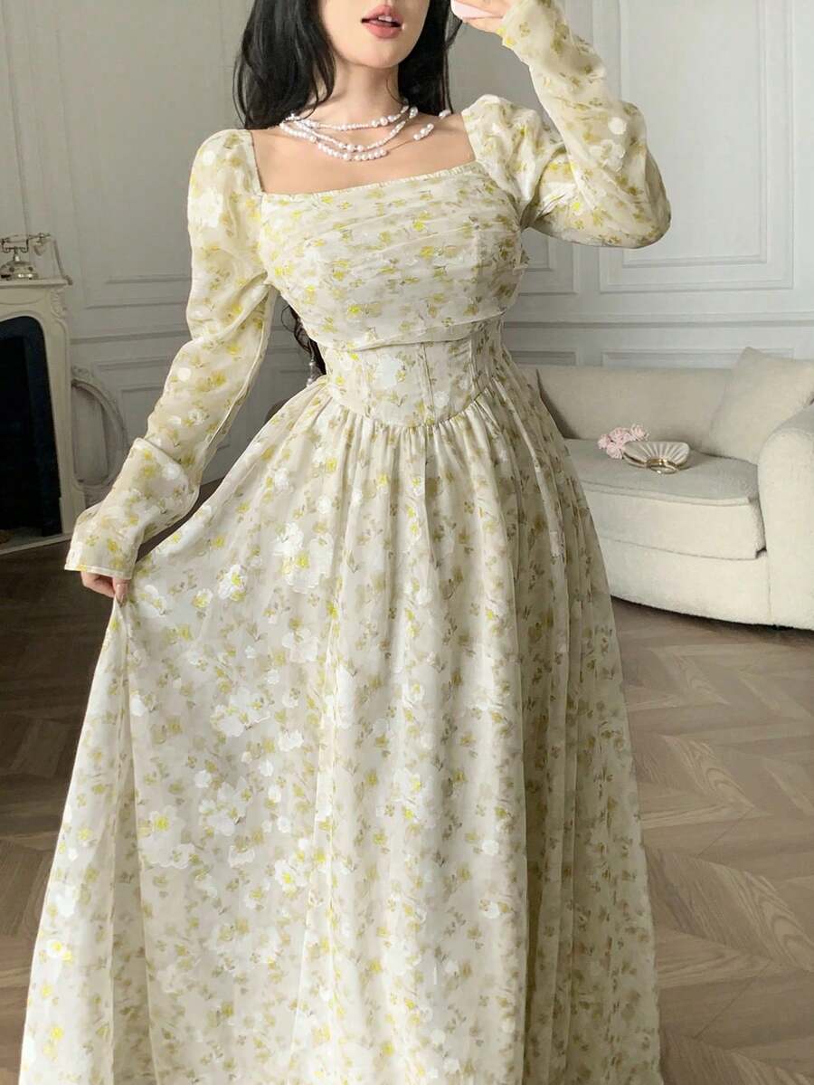 Vestido largo con cuello cuadrado y cintura ceñida con estampado floral diminuto elegante para mujer, primavera/verano - Amarillo claro - Ver 1