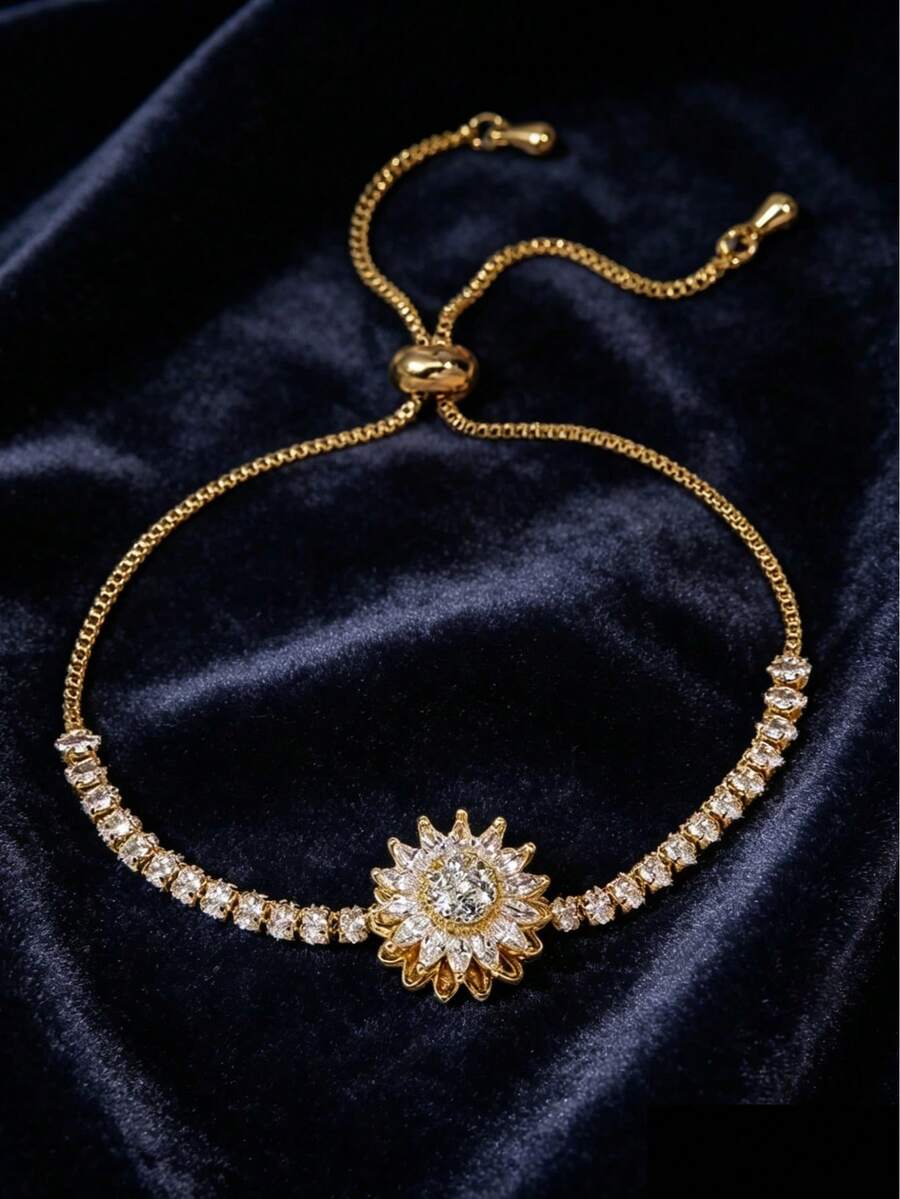 1pc Gold-Plated Cubic Zirconia Inlaid Tennis Bracelet With Adjustable Drawstring, Versatile Accessory Suitable For Teenagers' Daily Wear - Multicolor - View 1