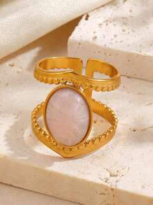 1pc Stainless Steel Fashionable Green Oval Ring, Suitable For Daily Wear - Multicolor - View 4