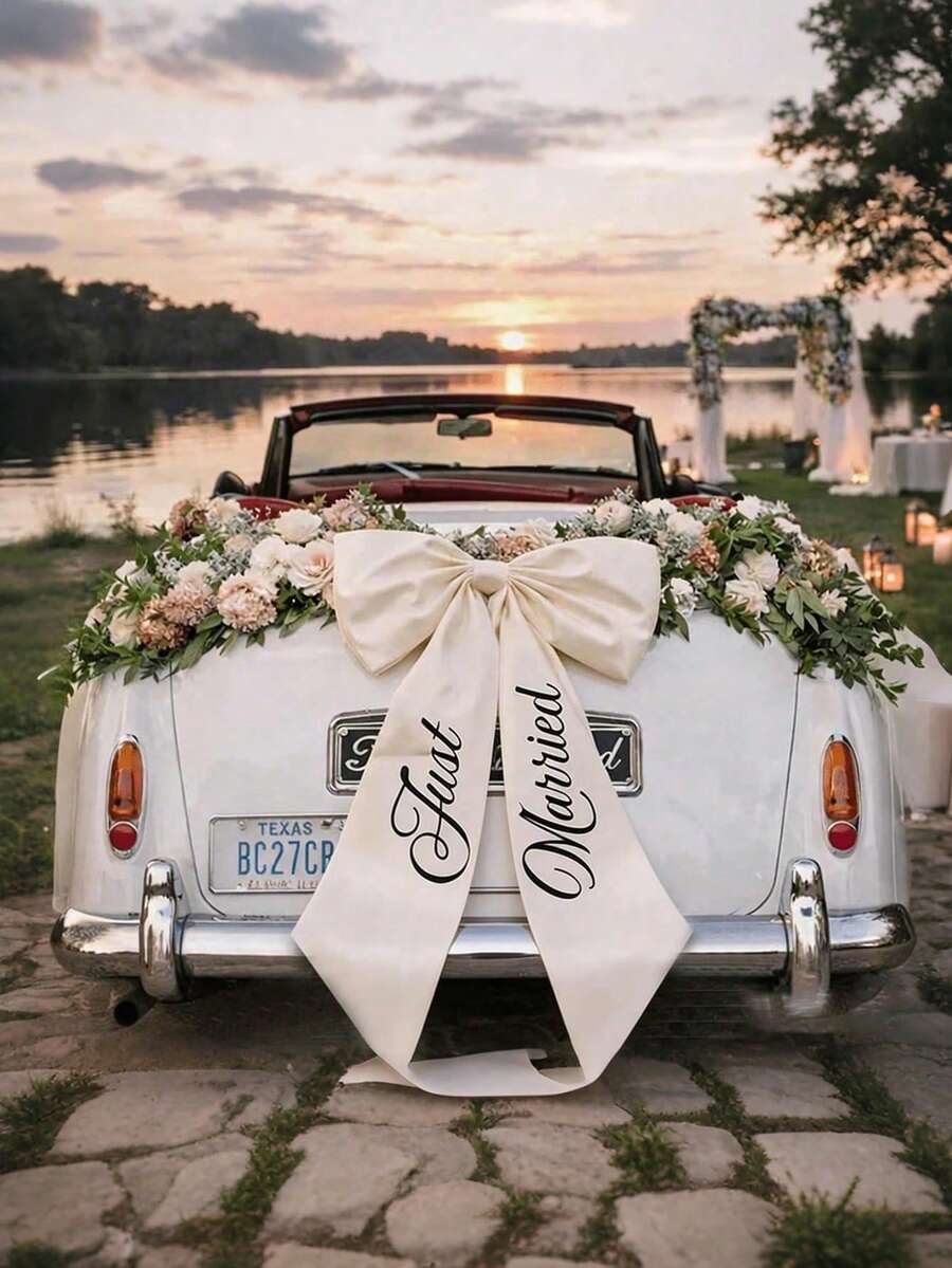 Customizable Large Car Bow - Customizable Text Wedding Car Decor, Elegant White Satin Bride Car Front Bow, Customizable Letter Wedding - Multicolor - View 1