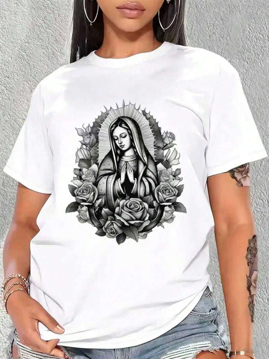 Floral Print T-Shirt With Our Lady Of Guadalupe, Round Neck T-Shirt, Graphic Tees For Women, Casual Short Sleeve T-Shirt For Spring And Summer, Women's Clothing - 白色 - 查看 1