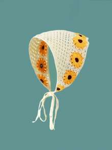 1pc Women Beige Floral Knitted Hollow Flower Headband, Suitable For Daily Wear, Sports, Beach, Vacation Matching Summer Hair Accessories Beach Scarf Vacay Bandanas - Yellow - View 2