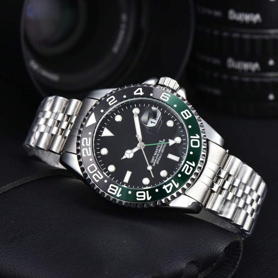 High-End 2025  GMT Men's Quartz Watch With Ceramic Bezel,  Men's Fashion Watch, Steel Strap, Luminous, Diver's Waterproof Watch - 7 - 查看 1