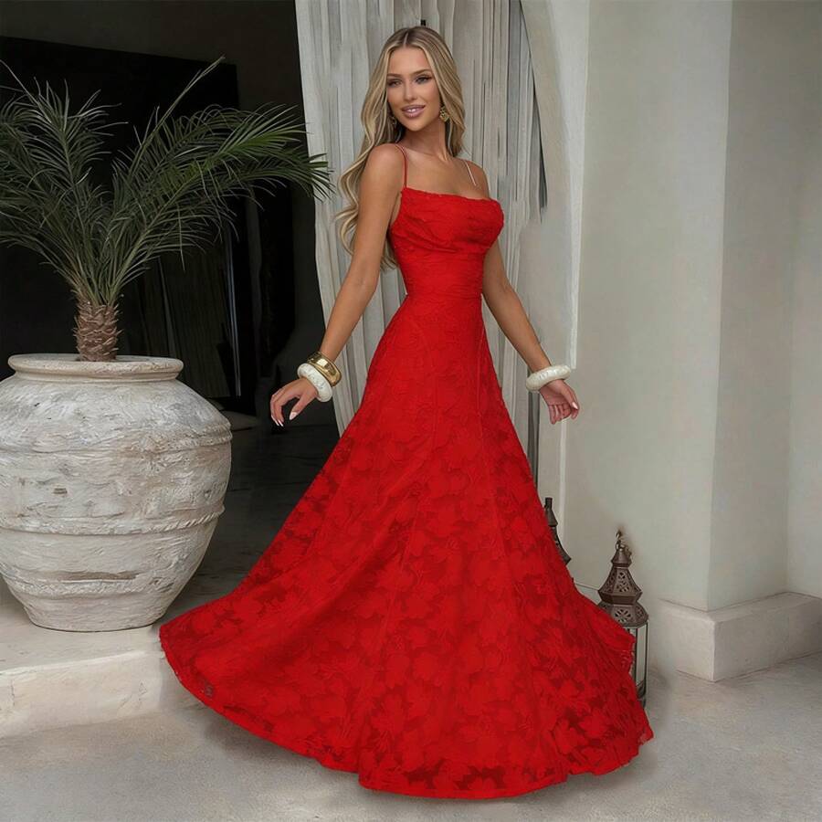 European And American Style Women's Evening Dress, New Fashion Versatile Hot Girl Style Burgundy Sexy Slip Dress - 紅色 - 查看 1