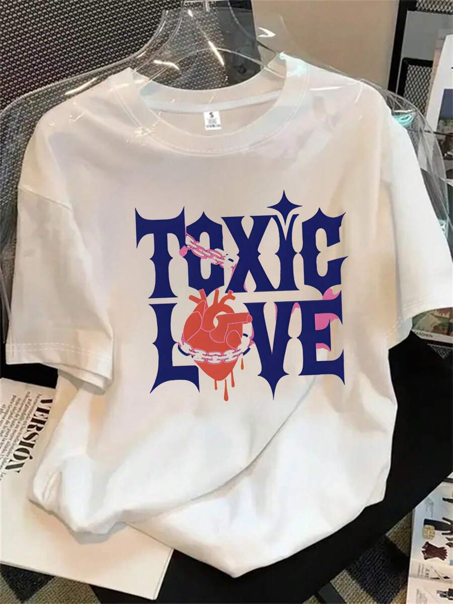 Camiseta de manga corta y cuello redondo para mujer en color rosa con un póster estampado que dice "Amor Tóxico", apta para todas las estaciones. - Blanco - Ver 1