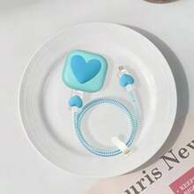 Blue Heart-Shaped Data Cable Protector Sleeve Compatible With UK 40W Charger, Anti-Breakage And Anti-Scratch Protective Cover - Mint Blue - View 3