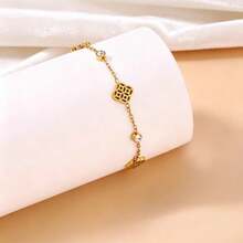 1 chiếc vòng tay cỏ bốn lá đính đá rỗng màu vàng, phù hợp cho phụ nữ đeo hàng ngày - Vàng - Xem 6