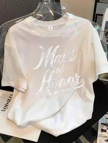 Top de mujer de manga corta y cuello redondo con estampado de logotipo que incluye palabras o nombres, apto para todas las estaciones. - Blanco - Ver 1