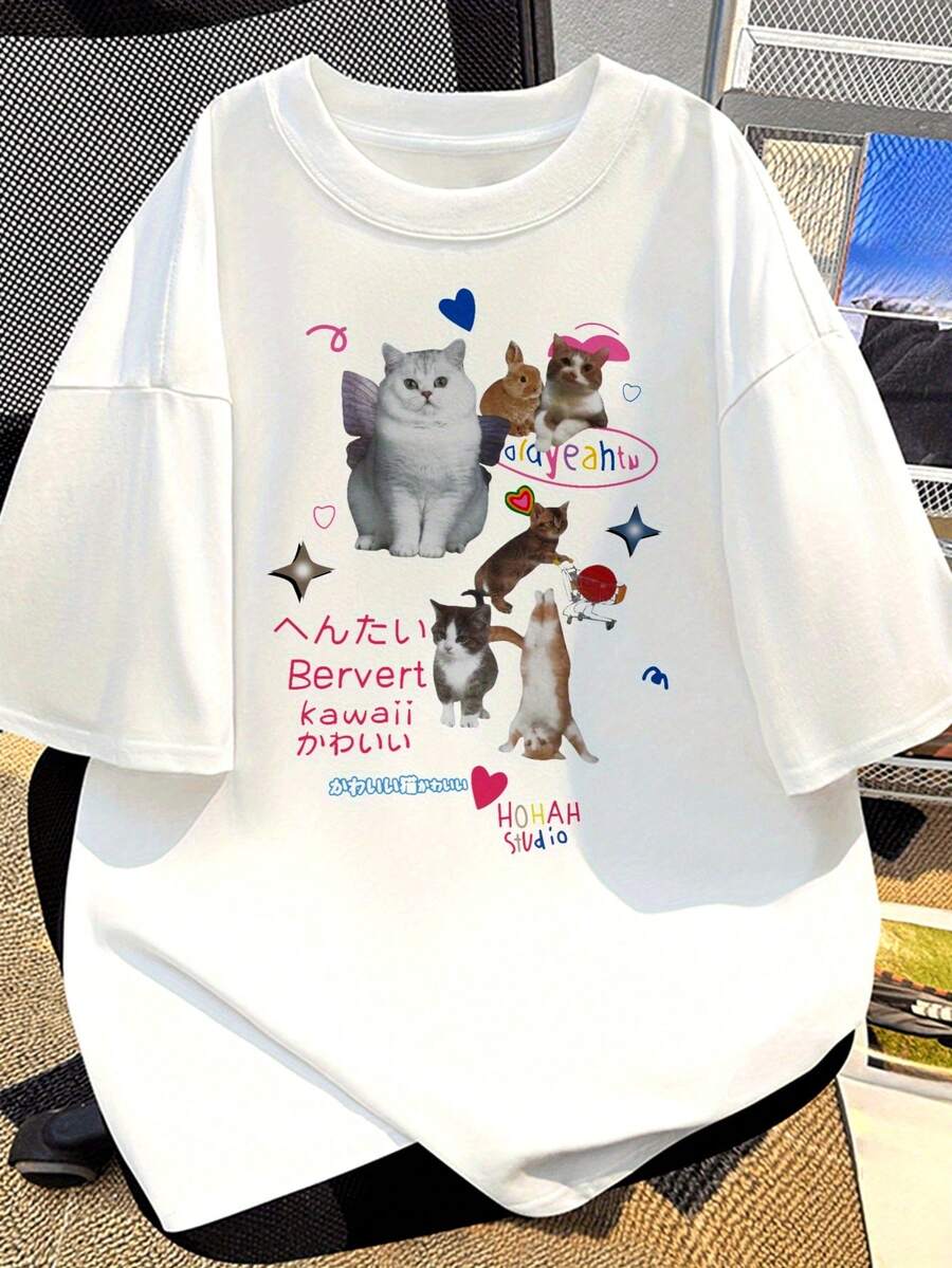 100% Cotton. Casual Short-Sleeved Printed T-Shirt. Pure Cotton Short-Sleeved T-Shirt With A Cute Cat And Slogan Print, A Casual Unisex Top For Everyday Wear. Spring And Summer Top. - 白色 - 查看 1
