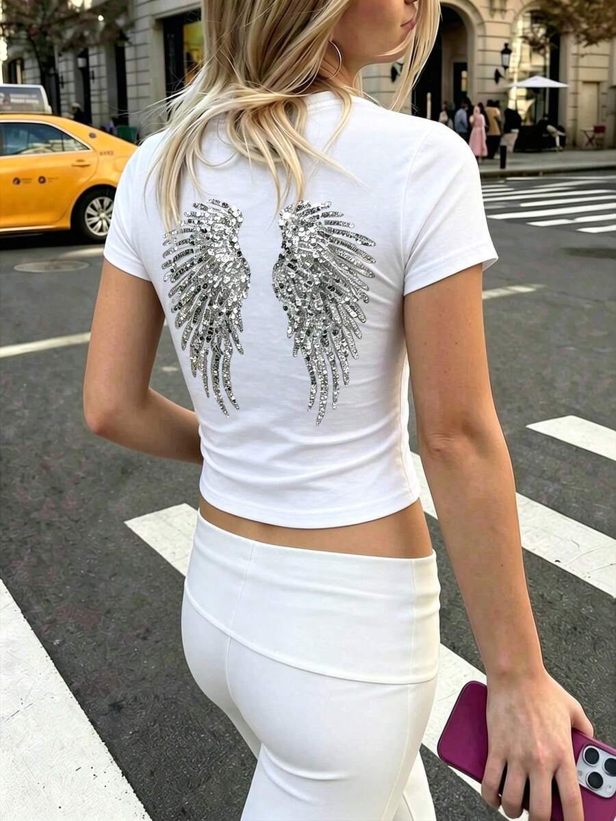 亮片翅膀刺繡 Y2K 短版上衣 T-shirt,修身街頭風短版上衣,夏季女款派對休閒白色 - 白色 - 查看 1