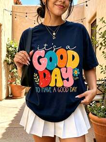Women's Positive Motivational Slogan T-Shirt | Printed Text "Live Every Beautiful Day To The Fullest", Decorated With Colorful Fonts And Floral Patter - 藏蓝色 - 查看 13