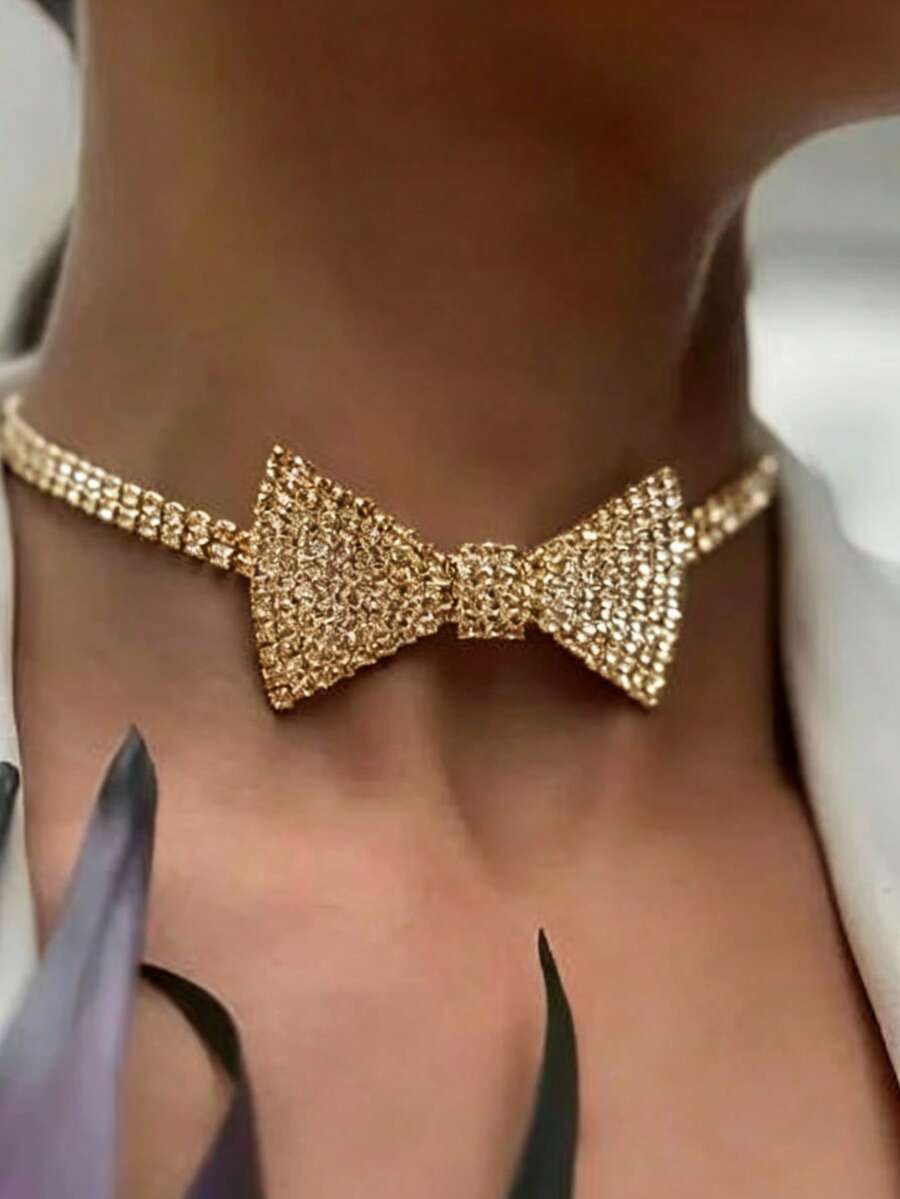 1pc Sparkling Rhinestone Necklace Choker, Bridal Wedding Party Dress Jewelry Accessory For Women - Gold - View 1