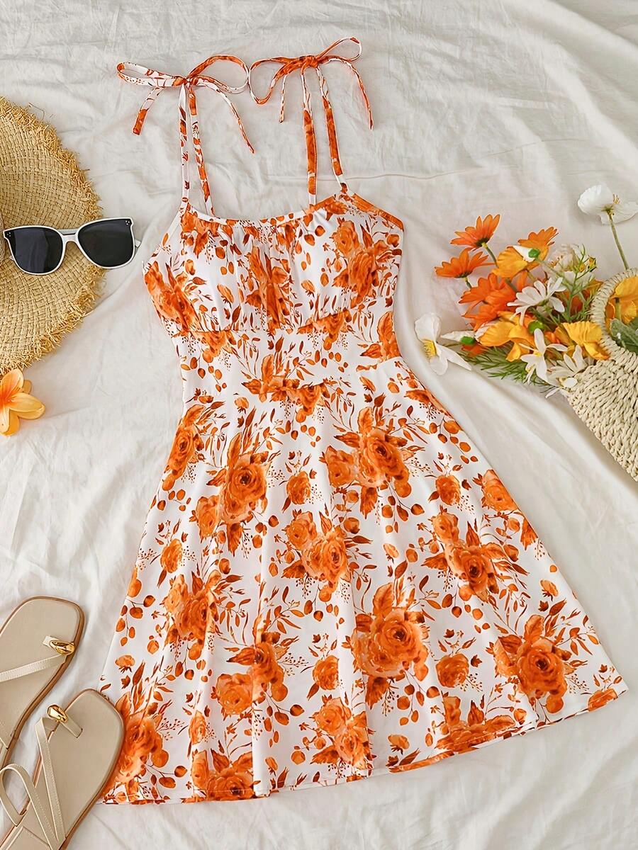 Ladies' Sleeveless Pleated Waist Flower Print Elegant Mini Dress [Summer Solstice] - Màu cam đỏ - Xem 1