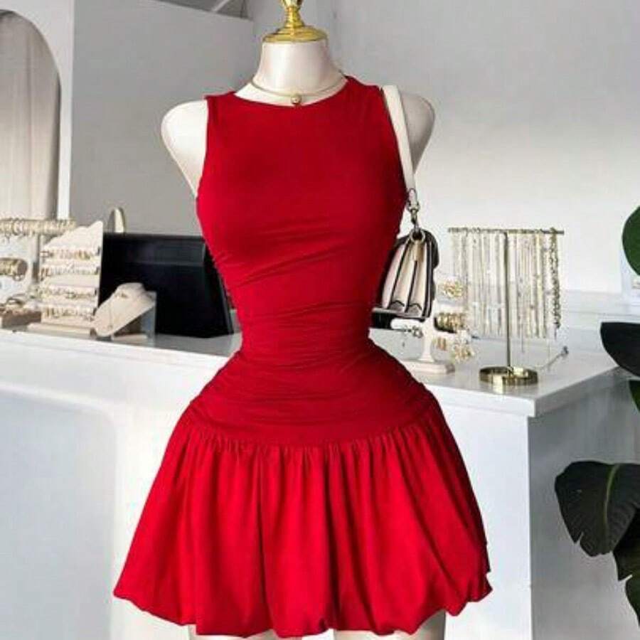 Vestido corto rojo de cuello redondo y sin mangas DEAR MOLLY para mujer, adecuado para usar como vestido de noche, perfecto para salidas, fiestas y citas en primavera - Rojo - Ver 1