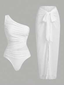 Swim Oasis One-Piece Swimsuit With Solid Color Ruched Mesh Panel And Sarong Skirt - Hot Pink - View 1