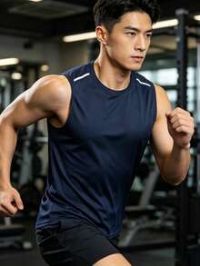 Men's Basic Sleeveless Tank Top, Solid Color Round Neck Mesh Fitness Sportswear - Blue - View 9