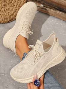 2025 New Women Solid Color Lace-Up Slip-On Sneakers, Wear-Resistant EVA Insole Tennis Shoes For Sports Hiking Autumn Winter Daily Wear - 杏色 - 查看 2