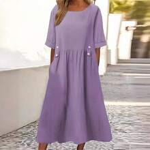 2026 Summer Short-Sleeve Cotton-Linen Dress New Round Neck Loose Mid-Length Plus Size Dress - Grey - View 3