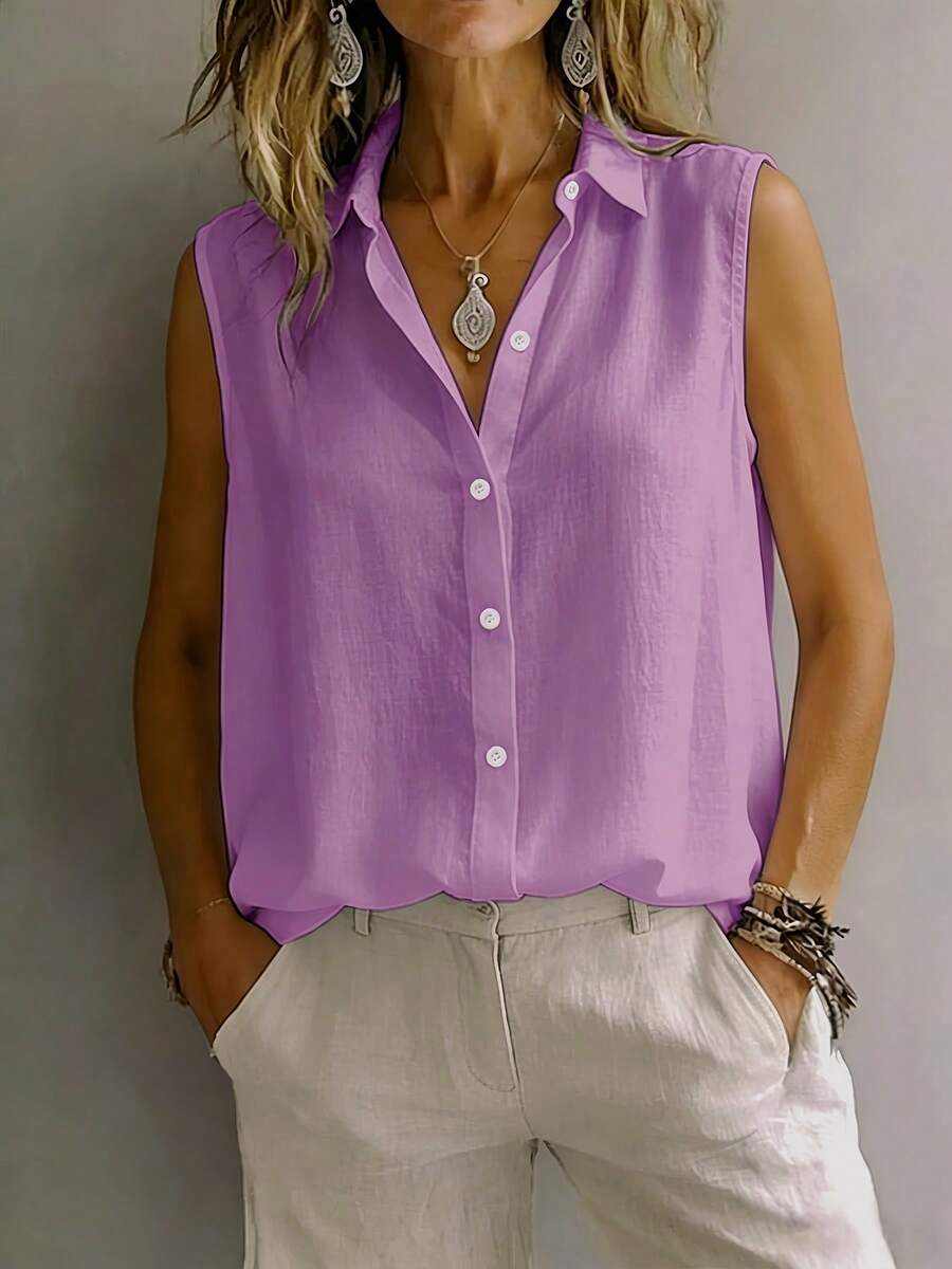 Kemeja Tanpa Lengan Berkerah Modis untuk Wanita, Atasan Tank Top Camisole Kasual Longgar Serbaguna untuk Beraktivitas Sehari-hari, Kancing Depan Warna Polos, Pakaian Musim Panas Sehari-hari - Purple - View 1
