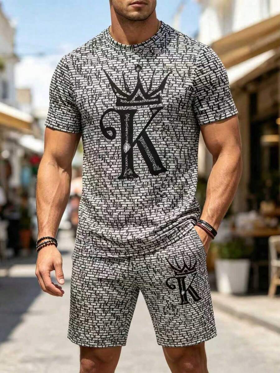 Men's Crown & Letter K Print Round Neck Short Sleeve T-Shirt And Drawstring Shorts Set, Comfortable Summer Outfit - Multicolor - View 1