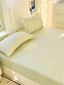 Juego de 3 piezas de ropa de cama, con patrón de tablero de ajedrez, ligero y suave y cómodo, que incluye 1 sábana ajustable y 2 fundas de almohada, sin relleno, adecuado para dormitorio, dormitorio, con opciones de varios tamaños, adecuado para uso en verano - Verde Pastel - Ver 7
