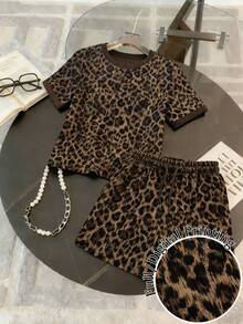Conjunto casual de verano de 2 piezas para mujer con cuello redondo y manga corta con estampado de leopardo - Multicolor - Ver 1