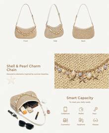 Women's Woven Crossbody Bag, Bohemian Style Raffia Backpack With Charming Chain, Adjustable Strap For Summer Beach Vacations - 杏色 - 查看 7