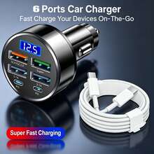 6 Port Car Charger + 6.6ft/200cm USB-C To Type-C Phone Charging Data Cable Multi Port 4USB+2PD Car Charger With Digital Display Fast Charging Transfer Charging Cable Charging Line Phone Car Charger Adapter Compatible With IPhone 17/16/15/14/13/12/11/// Series - one-size - View 12