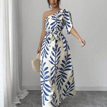 Vestido ajustado con mangas abullonadas, cintura con lazo y estampado floral elegante para mujer, azul y blanco, primavera/verano - Café integral - Ver 8