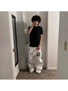 2026 European American Niche Y2K Straight Leg Pants Gothic Harajuku Ins Style Unisex Casual Fashion Trousers Streetwear Grunge Baggy Skateboarder - 黑色 - 查看 6