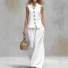 202 Summer Suit Casual V-Neck Vest And Trousers Set - Brown - View 2