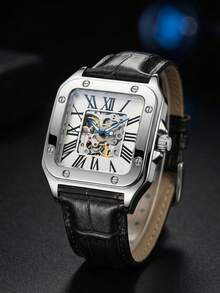 1pc Men's Square Roman Numeral Hollow Mechanical Watch, Retro Leather Strap, Fashion Wristwatch - Mouldless - View 1