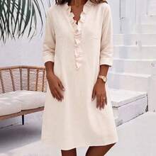 2026 Summer New Loose Comfortable Casual V-Neck Ruffle Solid Color Women's Dress - Apricot - View 5